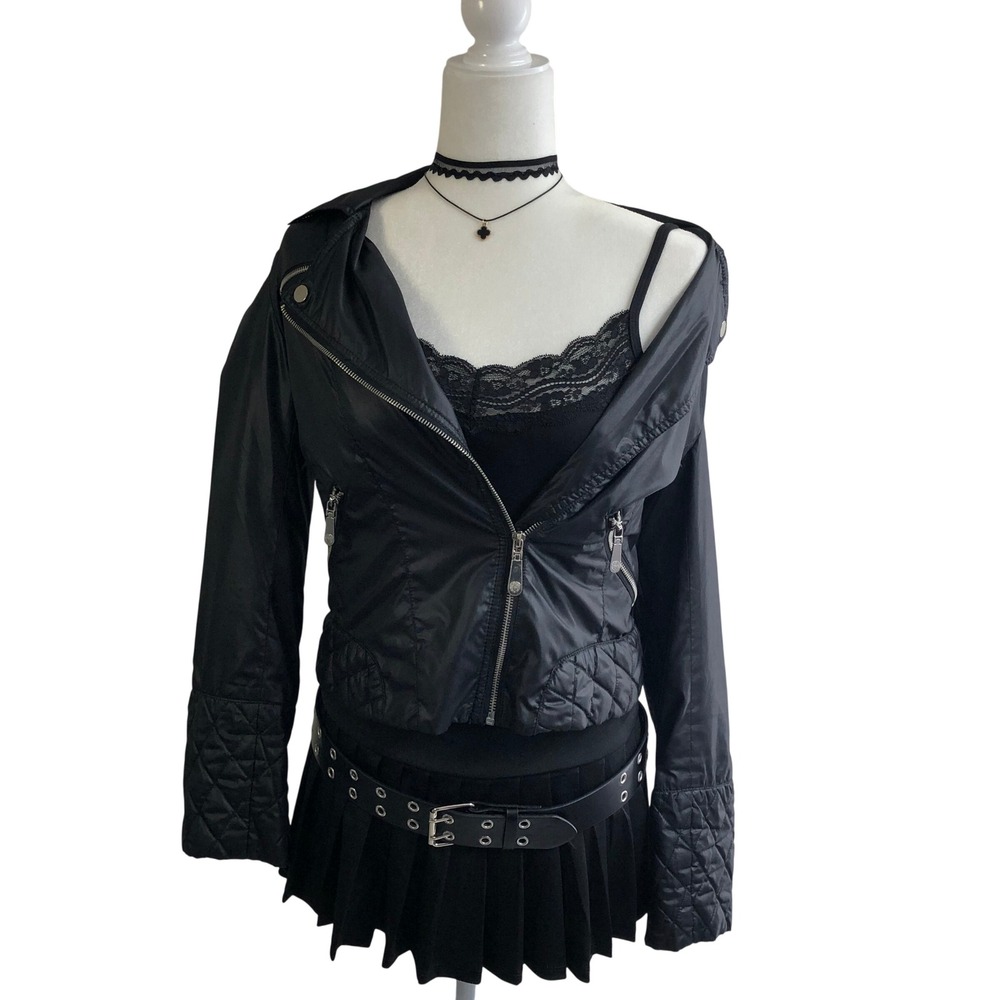 Y2K Vince Camuto Black Quilted Motorcycle Jacket Womens S Windbreaker Cyber Goth